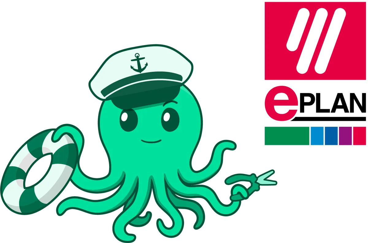Squid Data Hub mascot in a captain's hat next to the Eplan logo