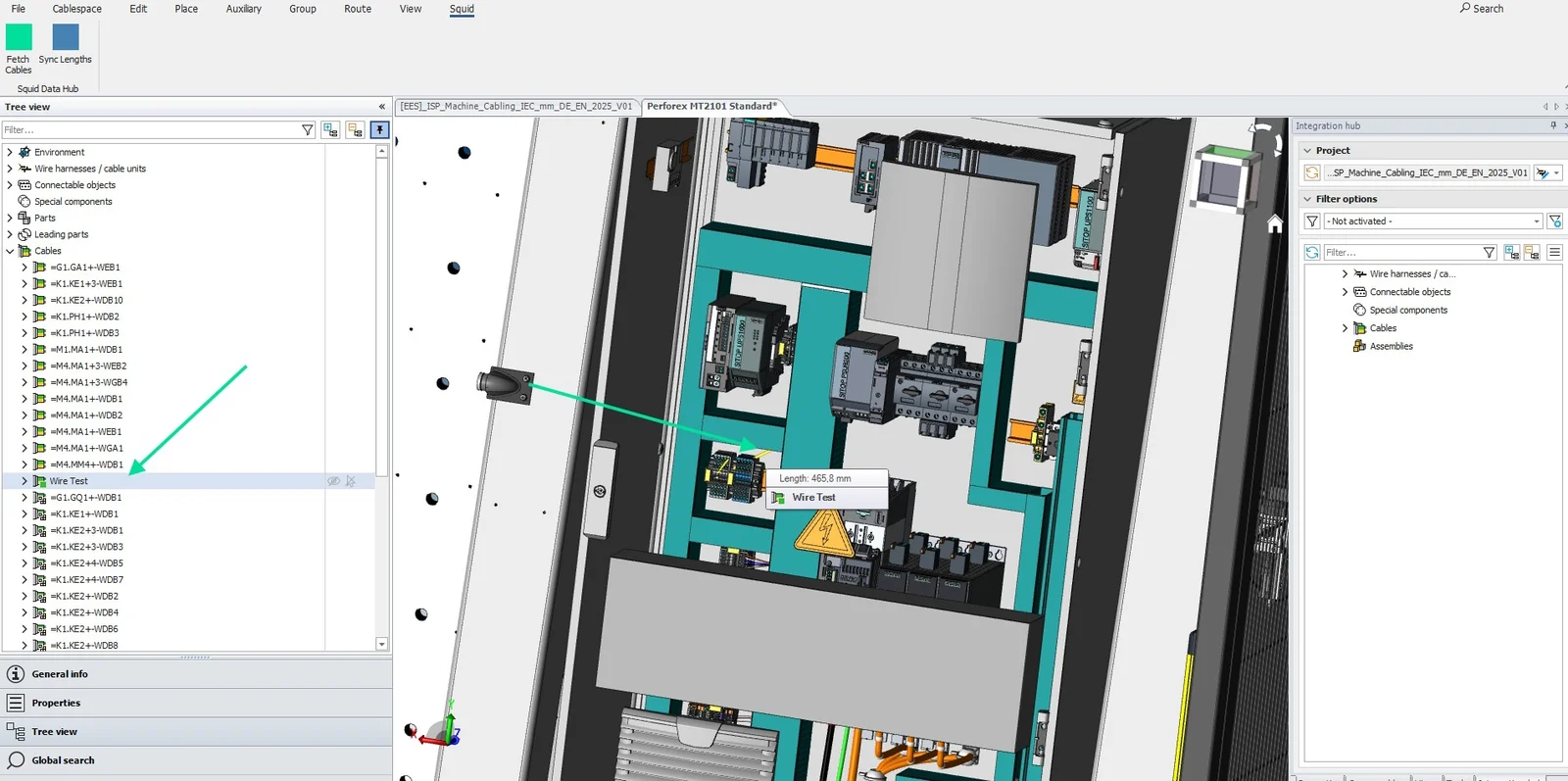 Eplan Cable proD: the new cable appears in the cable tree and in the 3D cabinet, connected but not yet routed, with an estimated length