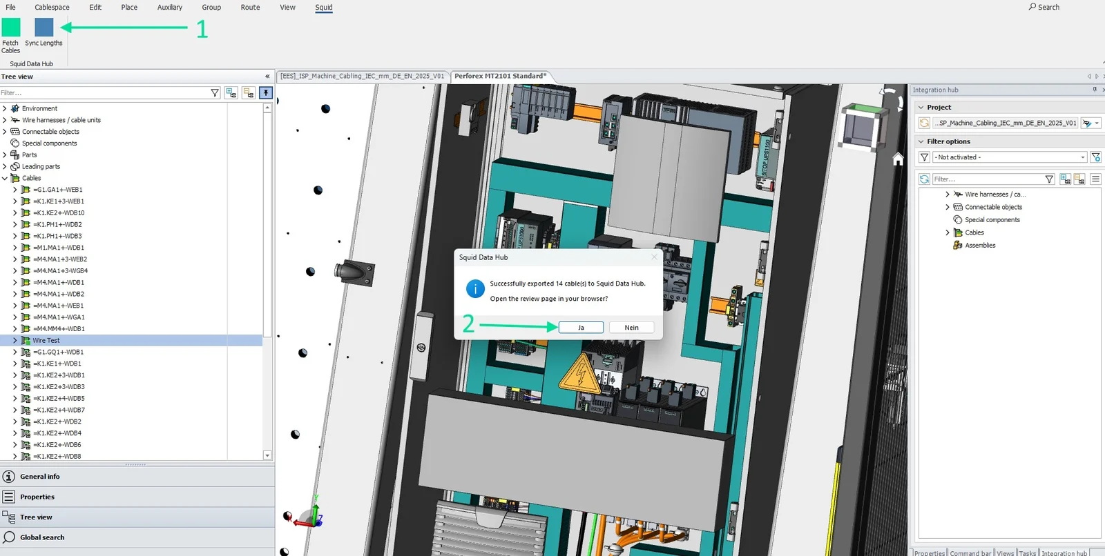 Eplan Cable proD: Sync Lengths has exported the cable lengths to Squid Data Hub and offers to open the review page